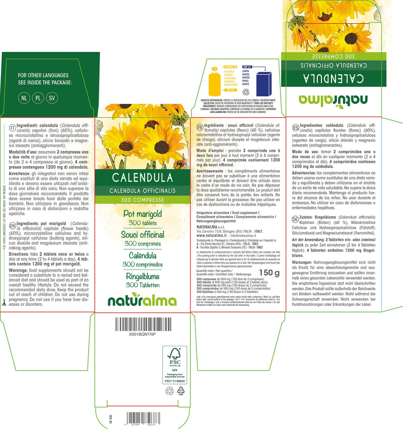 Pot Marigold (Calendula officinalis) Capitula (Flower Heads) NATURALMA | 150 g | 300 Tablets of 500 mg | Food Supplement | Natural and Vegan - BeesActive Australia