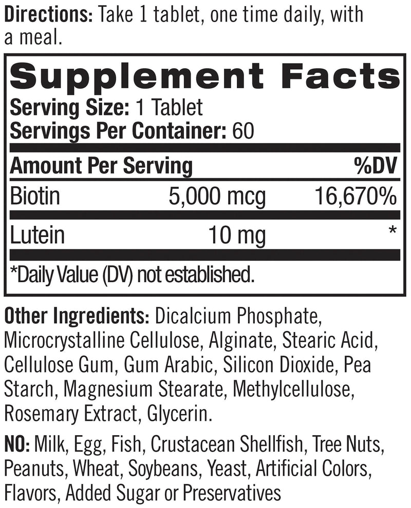 Natrol Biotin Beauty Plus Lutein Tablets, Promotes Healthy Hair, Skin and Nails, Improves Skin Elasticity and Hydration, Extra Strength 5,000mcg, 60 Count - BeesActive Australia