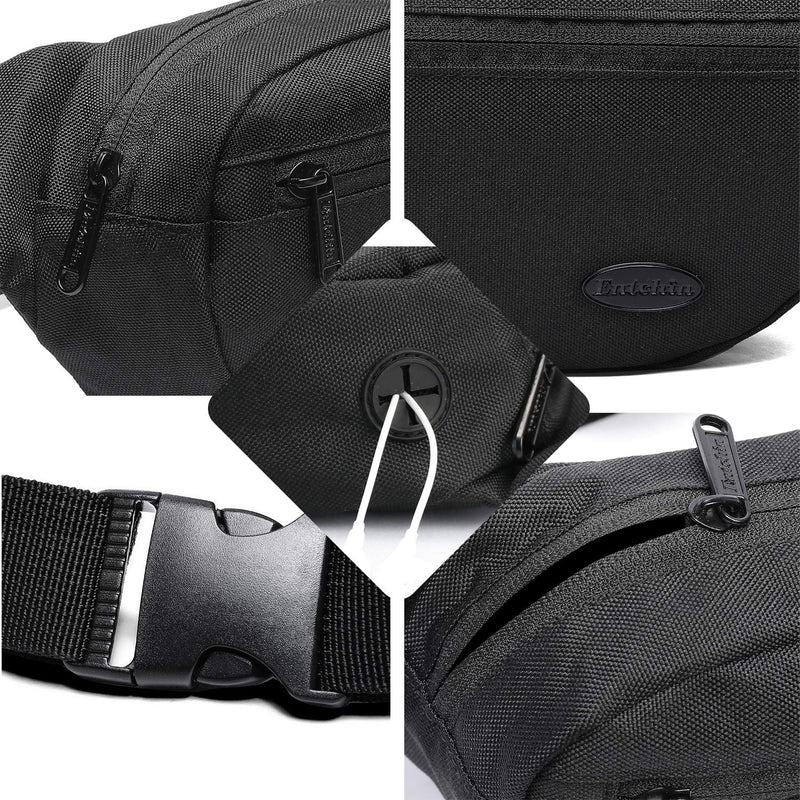 Entchin Fanny Pack for Sport Travel Workout Waist Bum Bag with Headphone Hole Black - BeesActive Australia