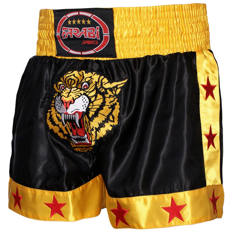 [AUSTRALIA] - Muay Thai Shorts Kick Boxing Training Satin Black Gold Short Tiger Embroidery Small 