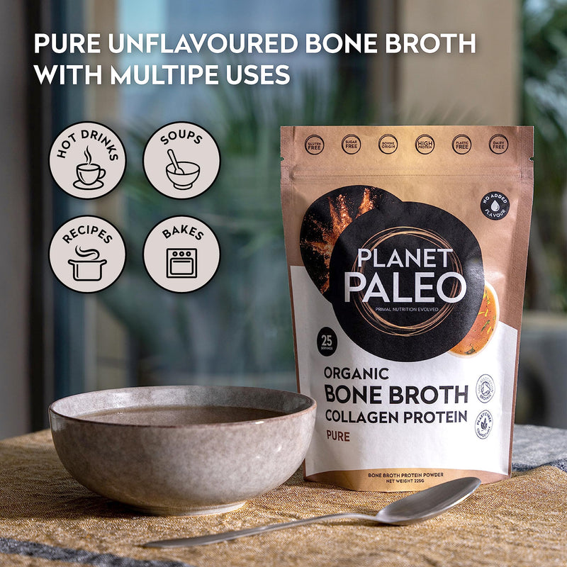 Bone Broth Powder (225g, 25 Servings) | Pure, Unflavoured | Organic, Grass Fed, High Protein, Versatile & Nutrient-Dense - Tissue Recovery, Gut Health, Hair, Skin and Nails - BeesActive Australia