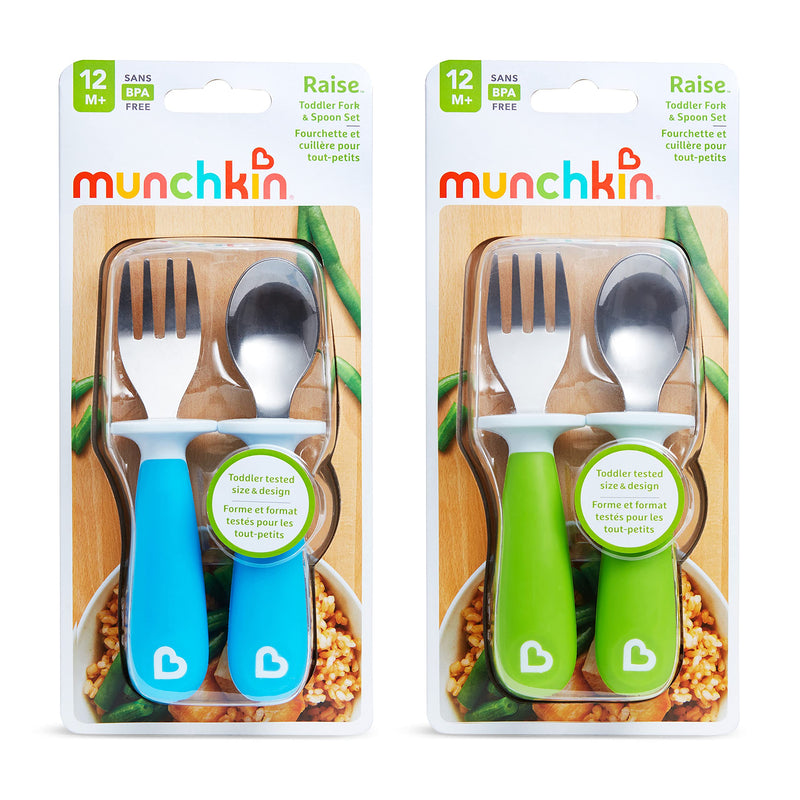 Munchkin 4 Count Raise Toddler Fork and Spoon, Blue/Green, 12+(Pack of 1) 4 Count (Pack of 1) - BeesActive Australia