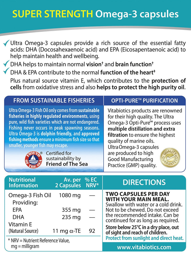 Vitabiotics Ultra Omega-3 Fish Oils Capsules with DHA EPA Nutritional Supplements for Heart Brain and Eye Vision Omega 3 Fish Oil - BeesActive Australia