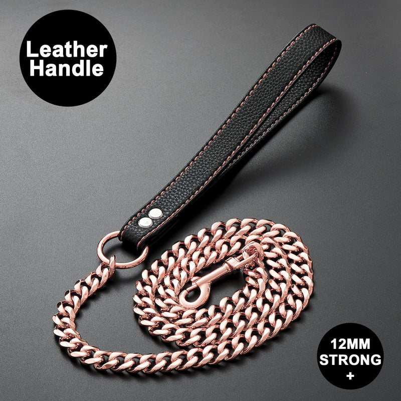 GZMZC Rose Gold Chain Dog Leash 12MM Heavy Duty Dog Leash Chains with Leather Padded Handle for Large Dogs Collar Chain (3FT, 4FT, 5FT 3ft Total Length(Pack of 1) - BeesActive Australia
