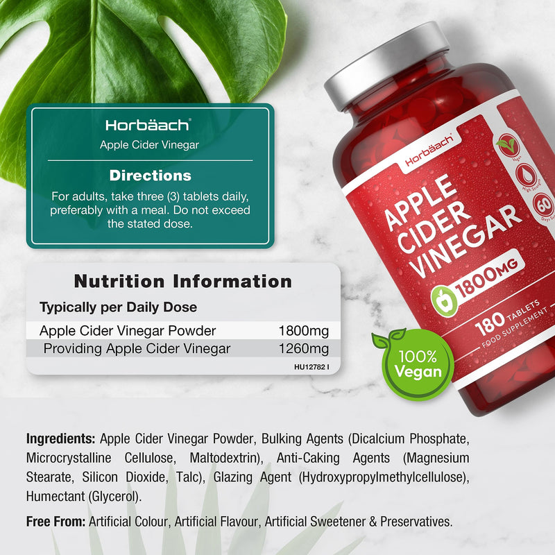 Apple Cider Vinegar Tablets 1800mg | High Strength ACV | 180 Tablets (Not Capsules) | by Horbaach - BeesActive Australia