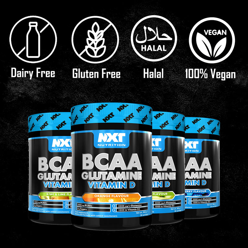 NXT Nutrition BCAA, Glutamine & Vitamin D | BCAAs Amino Acids with Vitamin D3 and L-Glutamine - for Recovery, Gut Health and Muscle Protein Synthesis | 360g - 30 Servings (Blue Raspberry) - BeesActive Australia