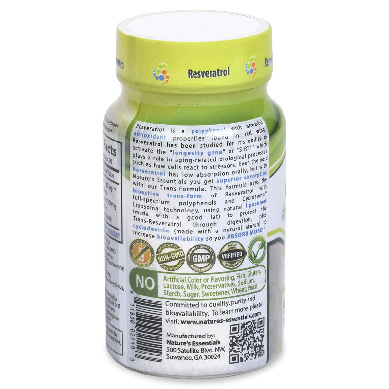 NATURE'S ESSENTIALS Liposomal Resveratrol | 500mg per Pill | Full-Spectrum Trans-Resveratrol | Maximum Absorption Formula | 3 Month Supply | Non-GMO | Gluten-Free | Vegetarian | Lab Certified | USA - BeesActive Australia