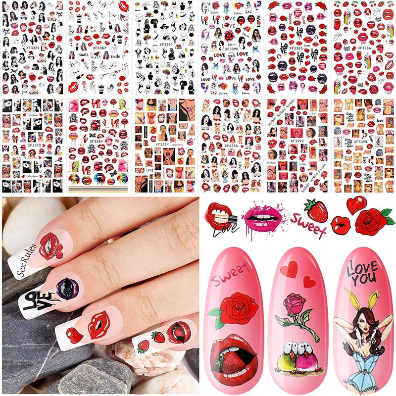 Nail Art Sticker Decals Heart Lip Designer Nail Sticker 3D Self-Adhesive Love Lip Intimate Color Red Lip Series Nail Sticker 12 Pieces of Female Decorations Cool Decoration - BeesActive Australia
