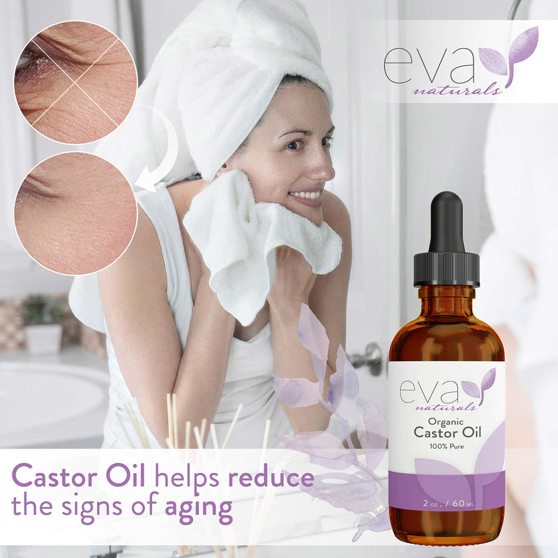 Eva Naturals Organic Castor Oil (2oz) - Promotes Hair, Eyebrow and Lash Growth - Diminishes Wrinkles and Signs of Aging - Hydrates and Nourishes Skin - 100% Pure and USP Grade - Premium Quality - BeesActive Australia
