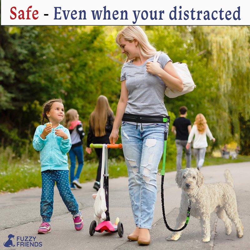 Fuzzy Friends Hands Free Dog Leash. A Great Running Leash for Dogs That Gives You Freedom to Run Together. As a Waist Dog Leash for Large Dogs, This Bungee Dog Leash is Also Reflective Green - BeesActive Australia