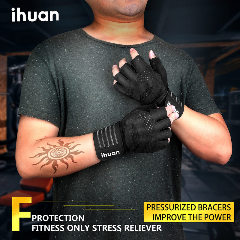 ihuan Ventilated Weight Lifting Gym Workout Gloves with Wrist Wrap Support for Men & Women, Full Palm Protection, for Weightlifting, Training, Fitness, Hanging, Pull ups Black Large - BeesActive Australia