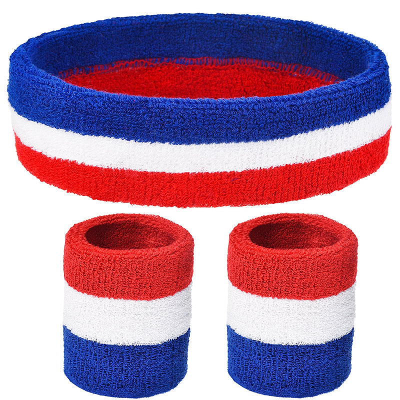 WILLBOND 3 Pieces Sweatbands Set, Includes Sports Headband and Wrist Sweatbands Cotton Striped Sweat Band for Athletic Men and Women Red, White and Blue - BeesActive Australia