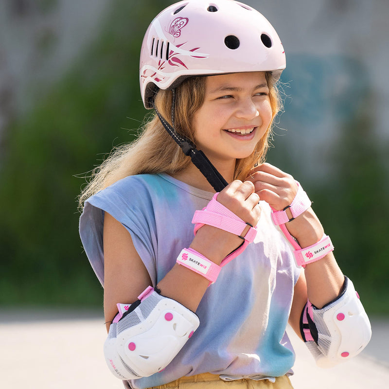 SKATEWIZ Skate Pads - Knee and Elbow Pads & Wrist Guards for Roller Skating [6pc] Climate Neutral Skating Protective Gear Adult and Kids - Roller Skate Pads Pink-White Small - BeesActive Australia