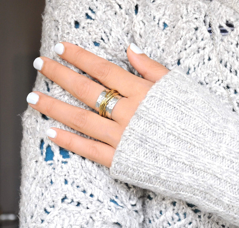 Boho-Magic 925 Sterling Silver Band Ring for Women with Brass Wrap Wide Statement Ring 10 - BeesActive Australia