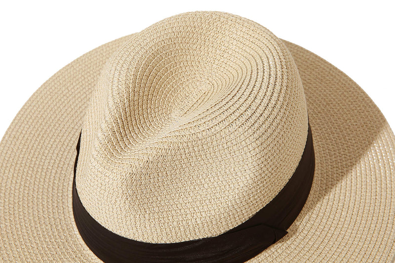 Lanzom Women Wide Brim Straw Panama Roll up Hat Belt Buckle Fedora Beach Sun Hat UPF50+ 01-fold Belt Khaki One Size - BeesActive Australia