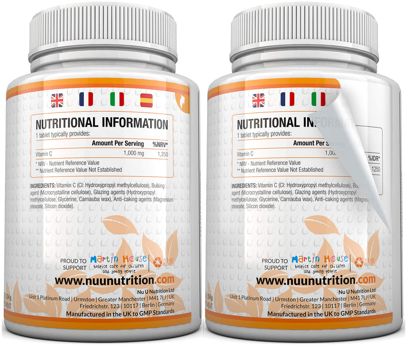 Vitamin C 1000mg | 180 Tablets (6 Month's Supply) | Ascorbic Acid, Suitable for Vegetarians & Vegans by Nu U Nutrition - BeesActive Australia
