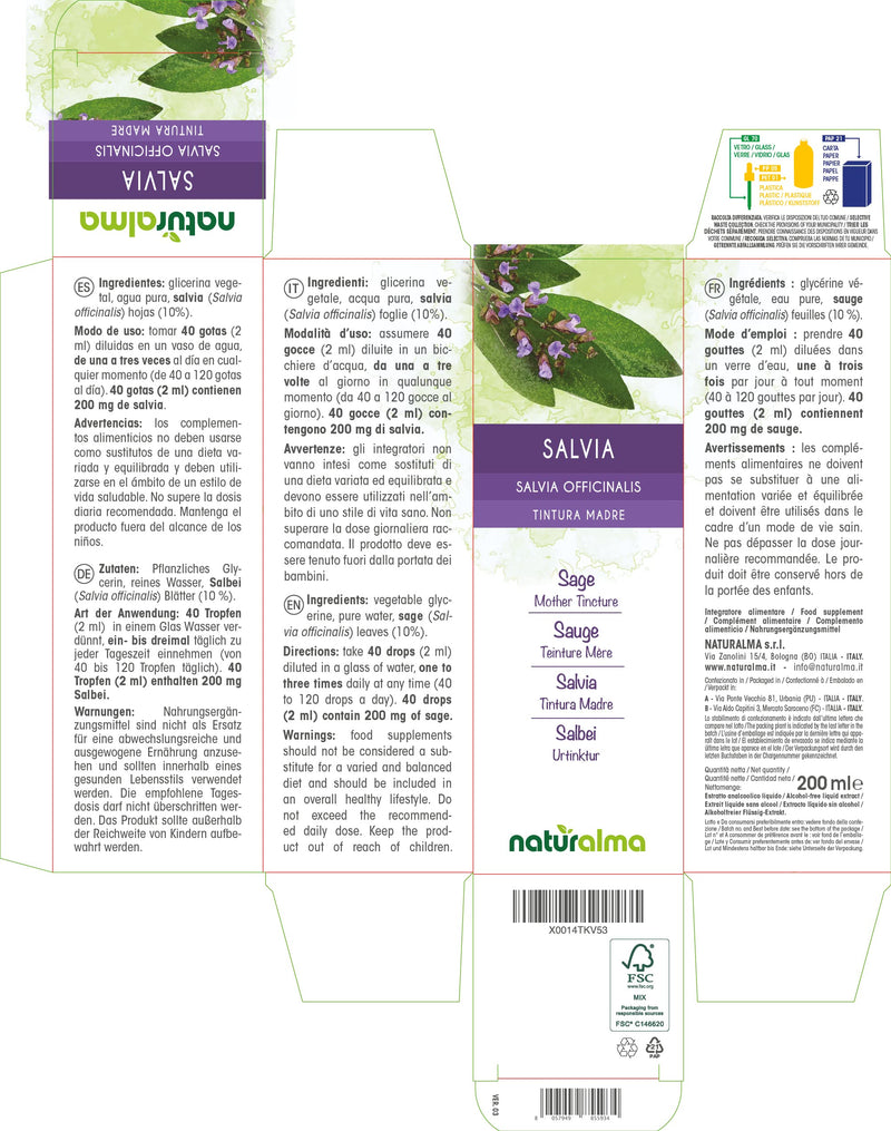 Sage (Salvia officinalis) Leaves Alcohol-Free Mother Tincture Naturalma | Liquid Extract Drops 200 ml | Food Supplement | Vegan 200 ml (Pack of 1) - BeesActive Australia