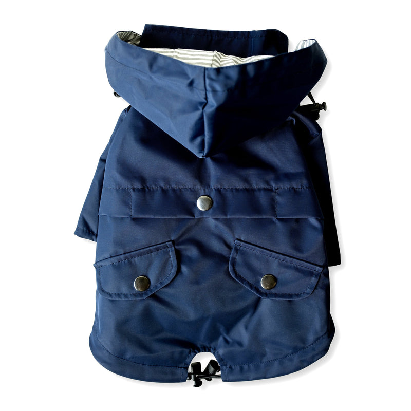 Navy Blue Zip Up Dog Raincoat with Reflective Buttons, Pockets, Rain/Water Resistant, Adjustable Drawstring, & Removable Hood - Size XS to XXL Available - Stylish Premium Dog Raincoats by Ellie L - BeesActive Australia