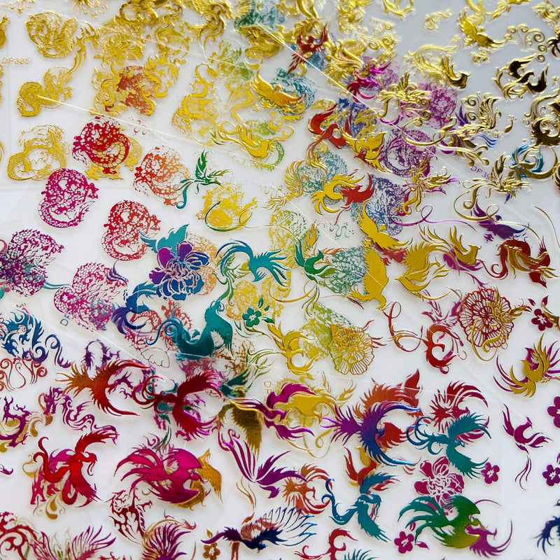 NAIL ANGEL 12Sheets Nail Art Adhesive Sticker Sheets Gold and Rainbow Color Dragon Peacock Phoenix Shapes Nail Art Decoration 10257 - BeesActive Australia