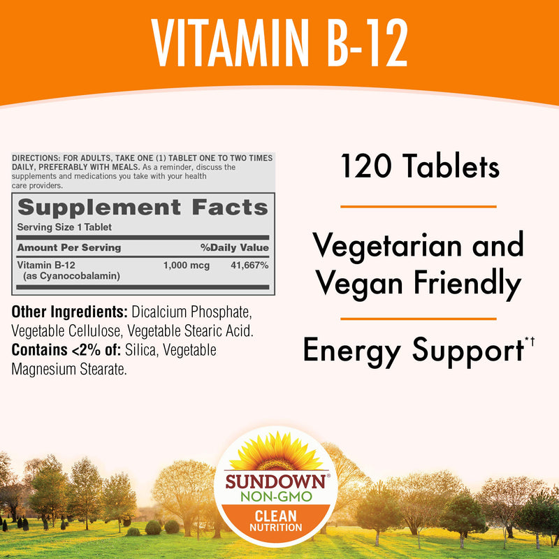 Sundown Vitamin B-12, Energy Support, Vegetarian, Vegan-Friendly 1000 mcg, ) Non-GMO, Free of Gluten, Dairy, Artificial Flavors 120 Count (Pack of 1) - BeesActive Australia