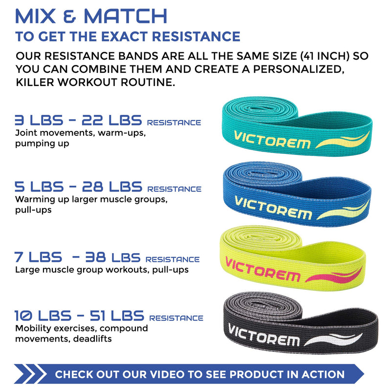 [AUSTRALIA] - Victorem Pull Up Resistance Bands - Set of 4 Fabric Assistance Bands for Home Workout, Exercise, Stretching 