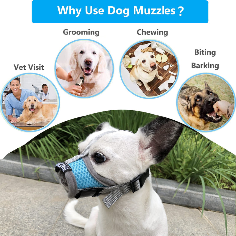 MoiiLavin Extra Small Dog Muzzle XS for Grooming Barking Chewing, Barkless Soft Mesh Muzzles to Prevent Eating Poop Things,Best for Aggressive Dogs (Grey-Blue) - BeesActive Australia