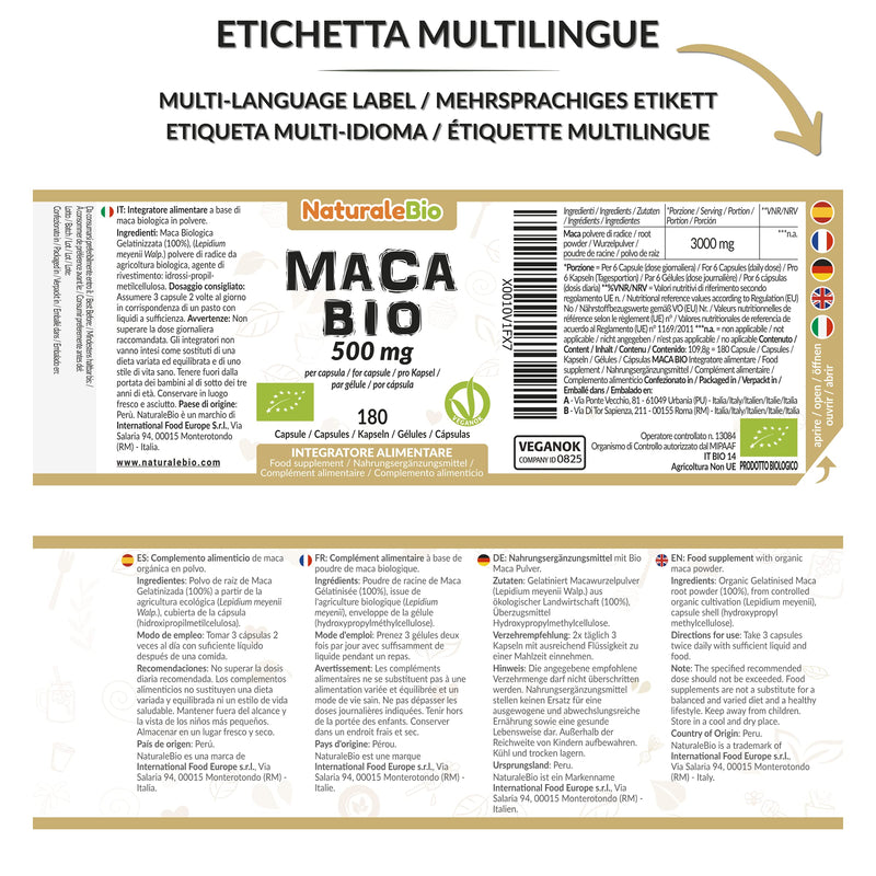 Organic Maca Capsules, 500mg - 180 Capsules. Gelatinised, Natural and Pure, from Organic Peruvian Maca Root. Vegetarian and Vegan Friendly. NaturaleBio - BeesActive Australia