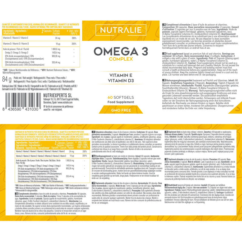 Omega 3 2000mg + Vitamins D3 & E | 1250 mg EPA-DHA per Dose | Premium Fish Oil Highly Concentrated 60 Capsules | Nutralie - BeesActive Australia