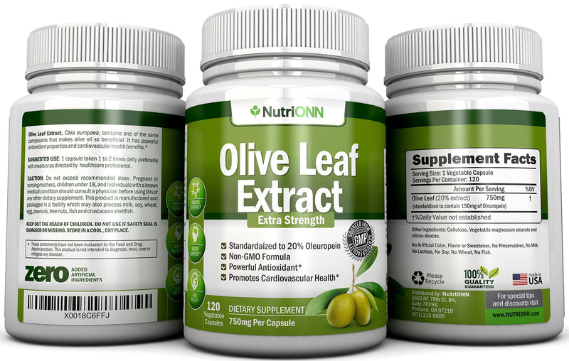 Olive Leaf Extract - 750 Mg - 120 Capsules - Extra Strength - 20% Oleuropein - Non-GMO Formula - Premium Quality From Pure Olive Leaves - Powerful Antioxidant - Great for Heart, Skin and Immune System - BeesActive Australia