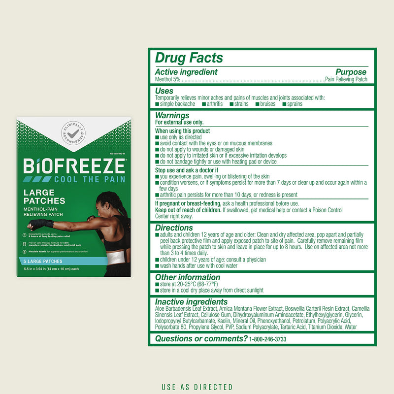Biofreeze Menthol Pain Relieving Patches (5 Patches Per Box) Up To 8 Hours Of Pain Relief From Sore Muscles, Arthritis, Backaches, Spains, Bruises, Strains And Joint Pain (Package May Vary) 5 Patches (Pack of 1) - BeesActive Australia