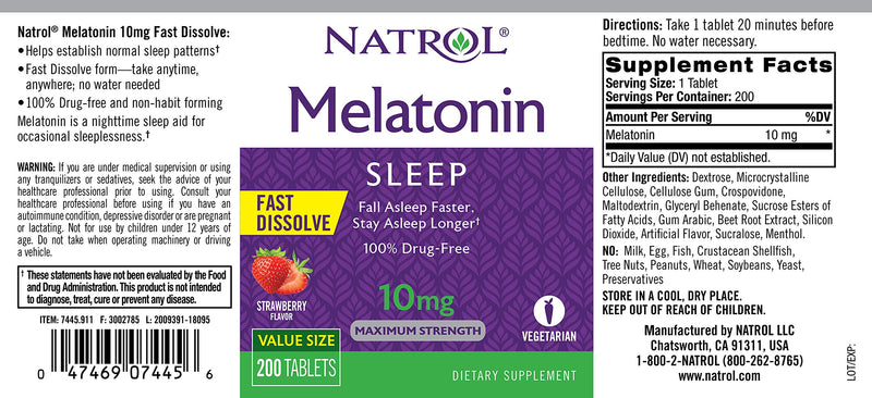 Natrol Melatonin Fast Dissolve Tablets, Help You Fall Asleep Faster, Stay Asleep Longer, Easy to Take, Dissolve in Mouth, Strengthen Immune System, Maximum Strength, Strawberry Flavor, 10mg, 200 Count 200 Count (Pack of 1) - BeesActive Australia