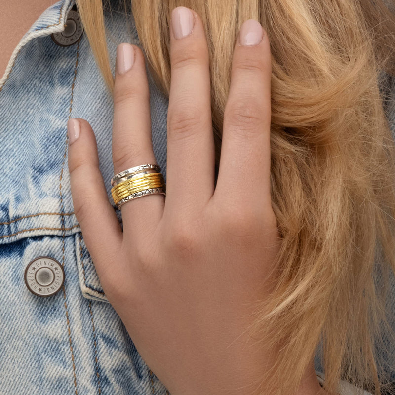 925 Sterling Silver Rotating Spinner Ring With 5 One Micron 14K Gold Plated Sterling silver Hammered Spinner Rings, Hypoallergenic, Nickel and Lead-free, Artisan Handcrafted Designer Collection, Made in Israel 11 - BeesActive Australia