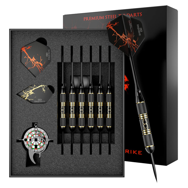 CC-Exquisite Professional Steel Tip Darts Set - 6 x 22g Brass Barrels with 12 Flights Standard/Slim, 12 Aluminum Shafts 35/48mm, 12 O-Rings, Dart Tool, Dart Sharpener and Case (Black & Gold) Lines- 22g - BeesActive Australia