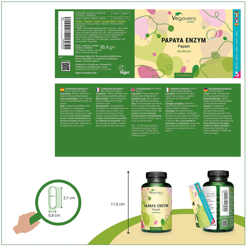 Papaya Enzyme Vegavero� | 2100 mg Papain | 100% Natural: Carica Papaya Fruit Extract | NO Additives | 120 Vegan Capsules - BeesActive Australia