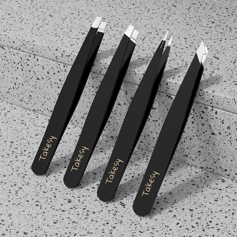 Hair Plucker Remover Tweezer with Mirror Case Travel, Stainless Steel Tweezers for Men for Chin Hair, Facial Hair Eyebrow Ingrown Hair Removal Kit (Black) Black - BeesActive Australia