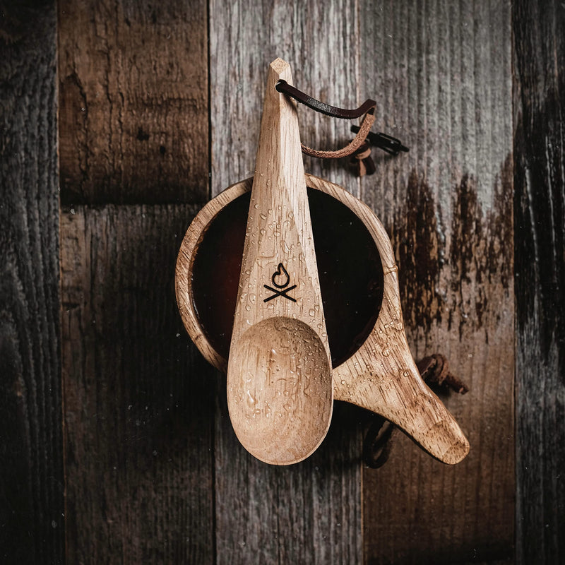 Überleben Dursten Kanu Spoon - Handcrafted Wooden Camping Utensil - 100% Natural Hardwood with Micro Carabiner & Leather Lanyard - Traditional Nordic Wood Design - Lightweight & Durable - BeesActive Australia