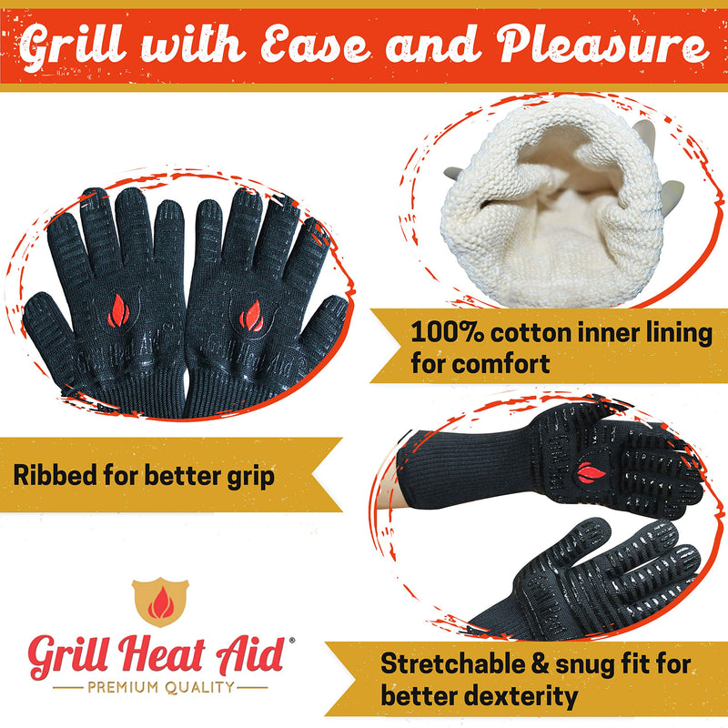 GRILL HEAT AID BBQ Gloves Heat Resistant 1,472℉ Extreme. Dexterity in Kitchen to Handle Cooking Hot Food in Oven, Cast Iron, Pizza, Baking, Barbecue, Smoker & Camping. Fireproof Use for Men & Women One Size Full Black - BeesActive Australia
