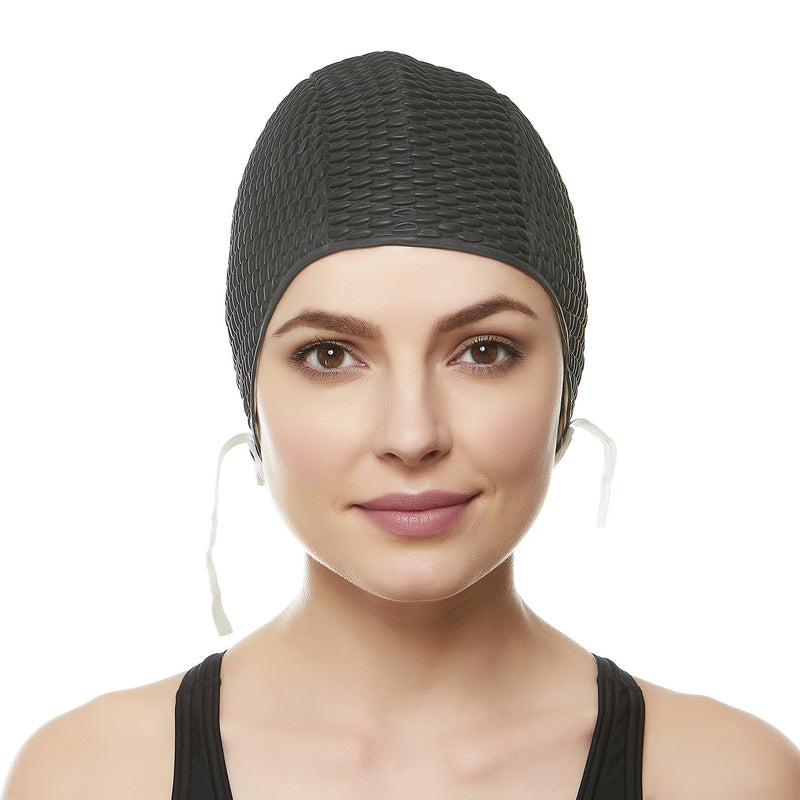 [AUSTRALIA] - Beemo Swim Cap Women Chin Strap Bubble Crepe Latex Long Short Hair Swimming Caps Black 