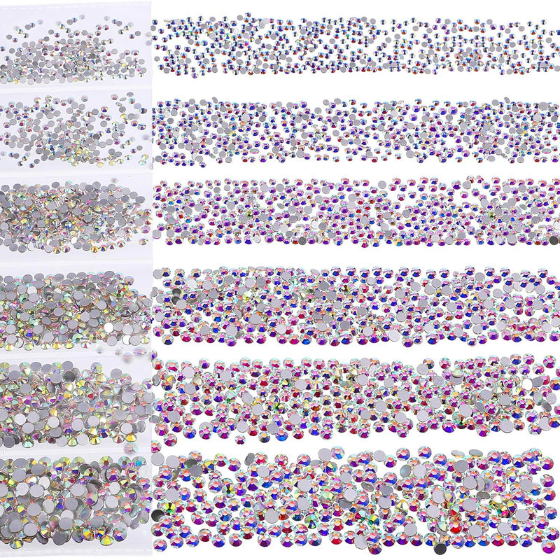Bememo 3456 Pieces Nail Crystals AB Nail Art Rhinestones Round Beads Flatback Glass Charms Gems Stones, 6 Sizes for Nails Decoration Makeup Clothes Shoes (Iridescent) Iridescent - BeesActive Australia