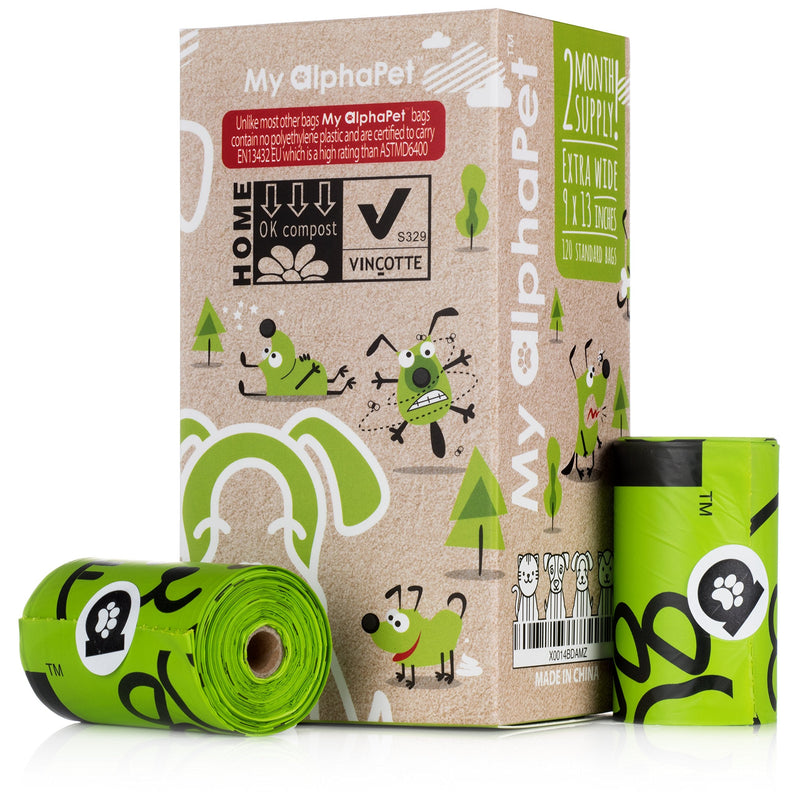 My AlphaPet Dog Poop Bags Refill Rolls - Large Size 9 x 13 Inches - Earth Friendly Highest ASTM D6400 Rated - Leak Proof Doggie Waste Bags 120 Count Unscented Green - BeesActive Australia