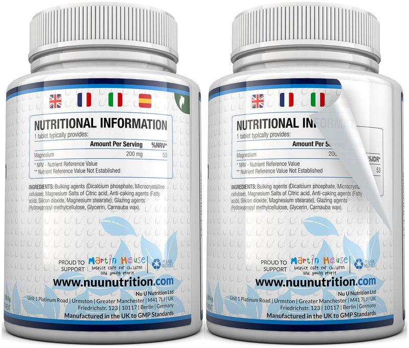 Magnesium Citrate 200mg | 180 Tablets for 6 Month Supply of Magnesium Tablets | Made in The UK by Nu U Nutrition - BeesActive Australia