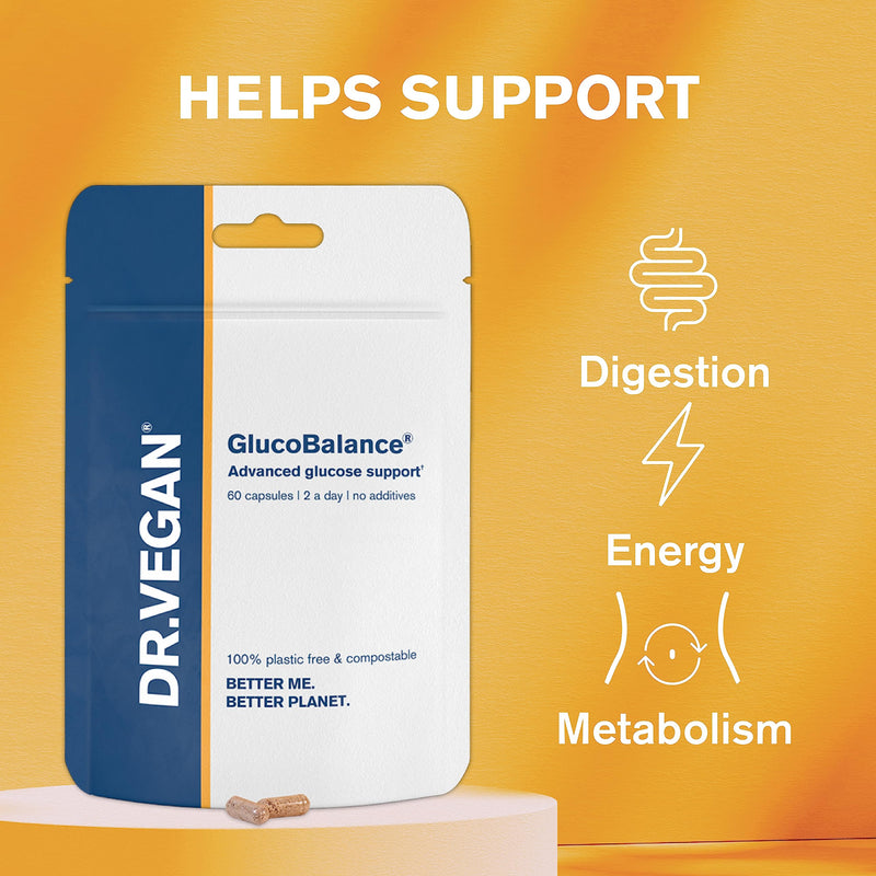 DR.VEGAN GlucoBalance | Plant-Based Supplement | Blood Sugar Control | 60 Capsules | 2-A-Day - 30 Day Supply | Chromium 200 µg | Apple Cider Vinegar 250g | Cinnamon 750g | Blood Glucose Metabolism - BeesActive Australia