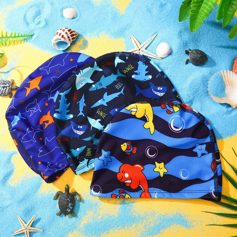 Kids Swim Caps 3 Pieces Shark Dolphin Bathing Swimming Hats Unisex Polyester Bathing Cap Shower Pool Cap Summer Swimming Caps for Boys Girls Long Short Hair - BeesActive Australia