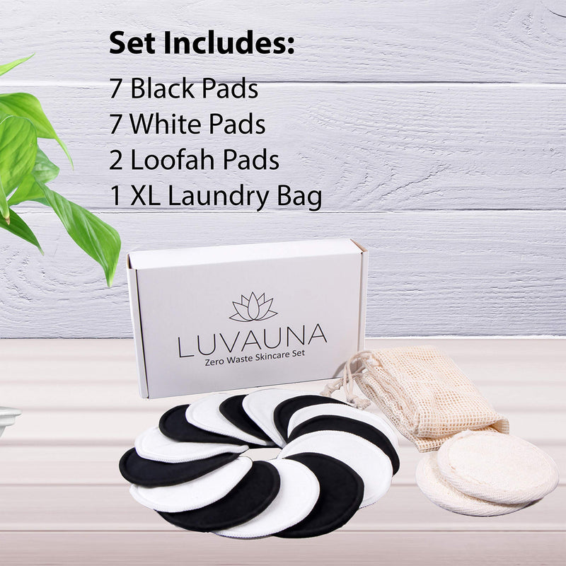 LUVAUNA Reusable Makeup Remover Pads (7pc. Black, 7pc. White) with Natural Loofah Facial Pads (2pc.), and XL Laundry Bag, Soft and Plush, All Skin Types, Eco-Friendly - BeesActive Australia