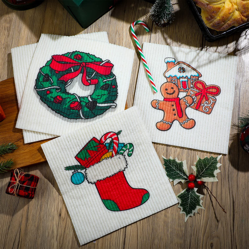 9 Pcs Christmas Swedish Themed Dishcloths Reusable Absorbent Swedish Style Cleaning Dishcloths Xmas Kitchen Dish Cloth Towels Cleaning Wipe for Home Party Clean Housewarming, 7 x 8 in (Vivid Style) Vivid Style 9 - BeesActive Australia