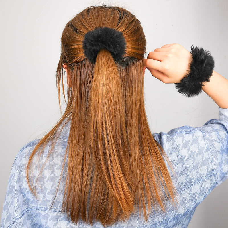 KINBOM 2Pcs Furry Hair Pom Poms, Ponytail Scrunchies Faux Rabbit Fur Hair Scrunchies (Black) Black - BeesActive Australia
