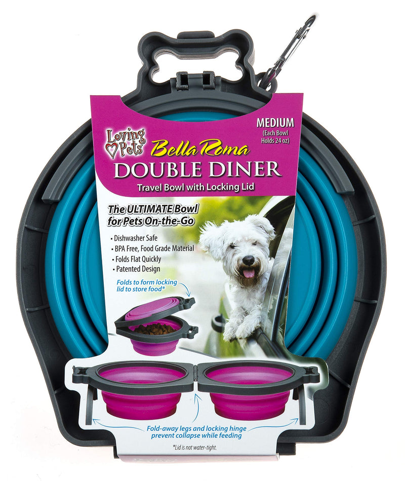 Loving Pets Bella Roma Travel Double Diner for Dogs Medium Travel Double Diner Blue - BeesActive Australia