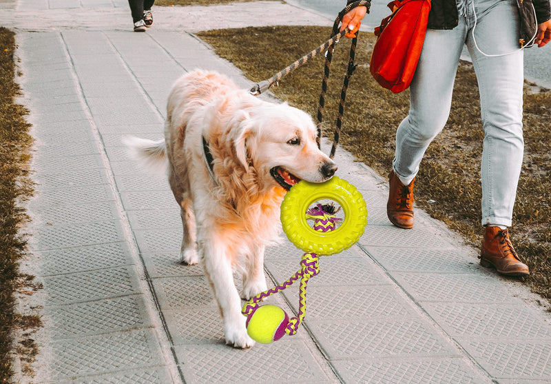 JADEWELL 3-in-1 Durable Dog Chew Toy with Natural Rubber Tire Rope and Tennis Ball for Aggressive Chewers Clean Teeth Interactive Toys for Puppy Small Medium Large Dogs Cats Pets - BeesActive Australia