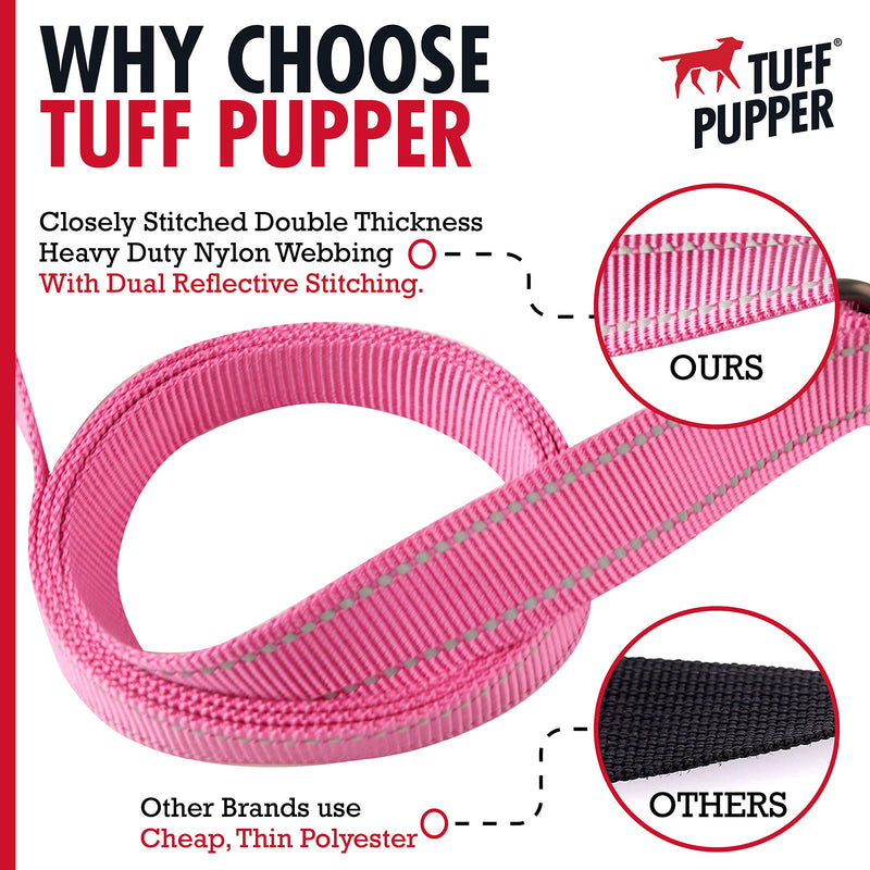 Tuff Pupper Heavy Duty Double Handle Dog Leash | Twist Locking Carabiner Dog Clip | Safety Lock Leash To Hold Strong Dogs | Reflective For Safe Night Walks | 6 Foot Dog Leash | For Medium & Large Dogs 72 Inch (Pack of 1) Hot Pink - BeesActive Australia