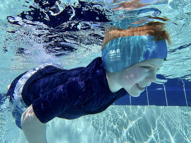 EAR BAND-IT Ultra Tie Dye Swimming Headband – ONLY Swim Ear Band Invented by ENT Doctor – Block Water Secure Earplugs – Kid & Adult Sizes – Recommended Water Protection for Bath, Shower, Pool, Beach Large (ages 9yrs to adult) Blue Tie Dye - BeesActive Australia